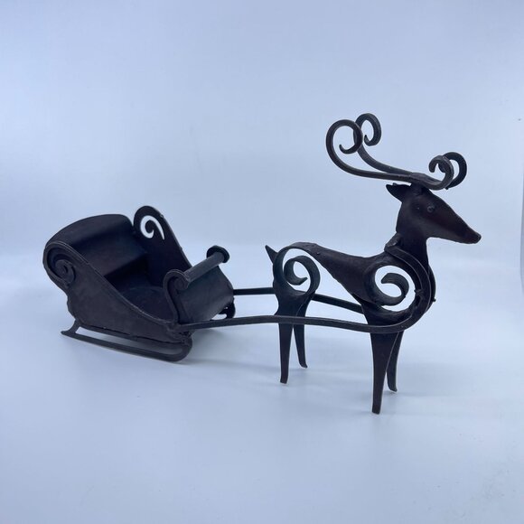 vintage handcrafted wrought iron reindeer & sleigh figurine holiday decor - Picture 1 of 6